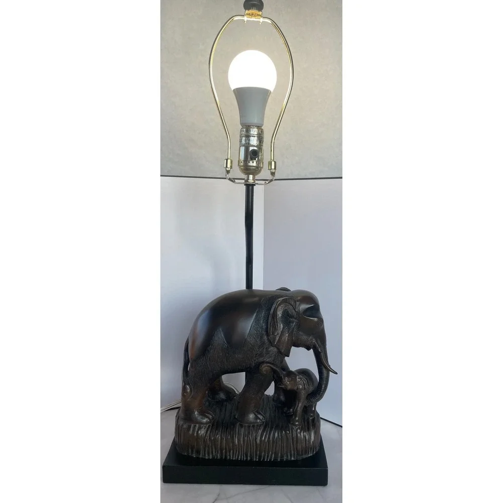 Vintage Mid-Century Bronze‎ Style Mother and Baby Elephant Sculptural Table Lamp